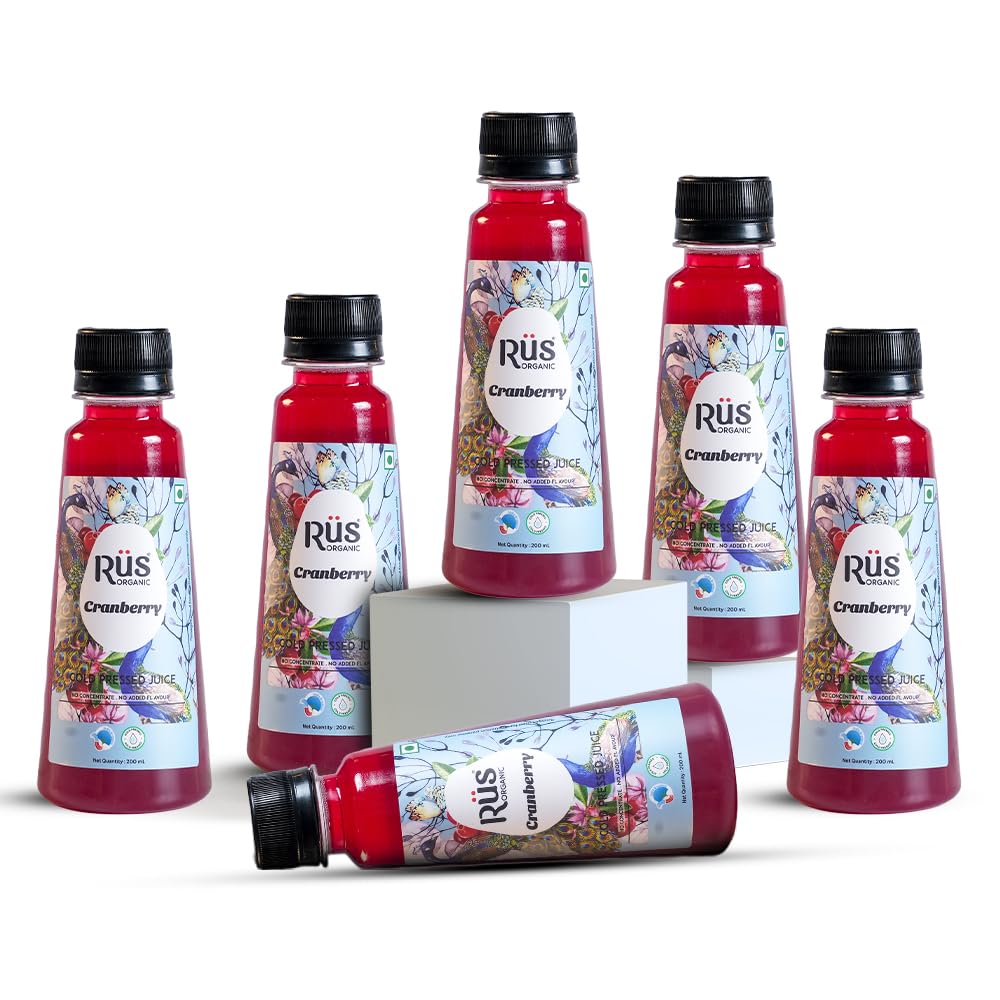 Rus Organic Cranberry Juice | Cold-Pressed & Antioxidant-Rich | Supports UTI Relief | No Concentrates, No Added Flavors | Digestive Support & Fresh, Original Taste | Pack of 6 (200ml Each)