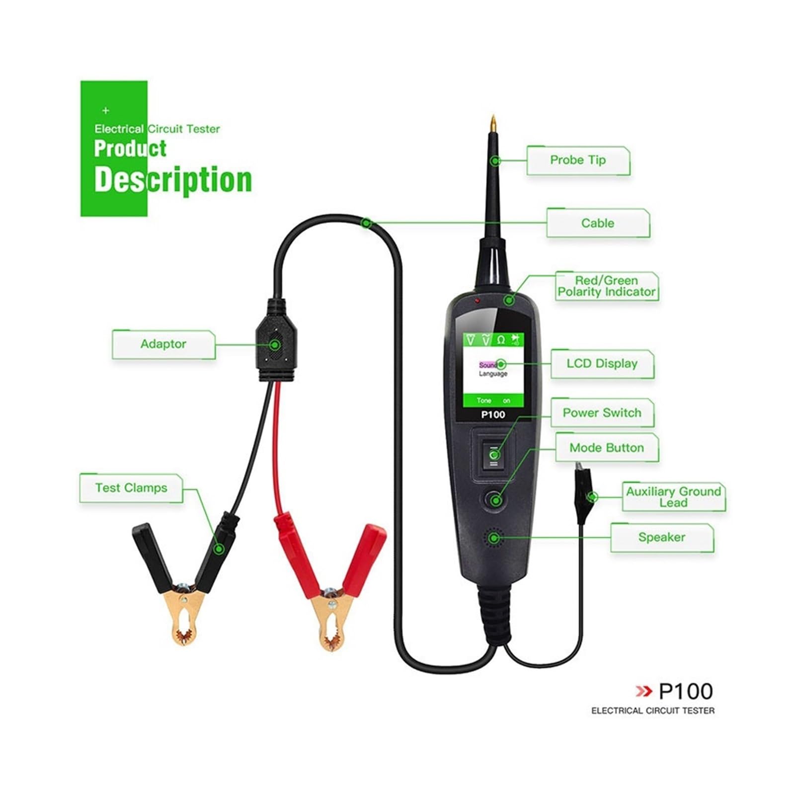 Strumento diagnostico for circuiti di Auto e Moto, Camion, P100, Strumento di Manutenzione for Test di cortocircuito, Tester for Auto(2m Tester)