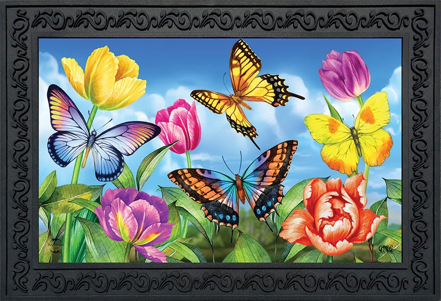 Briarwood Lane Spring Doormat 30x18 Indoor Outdoor Butterflies and Tulips for Spring Doormat