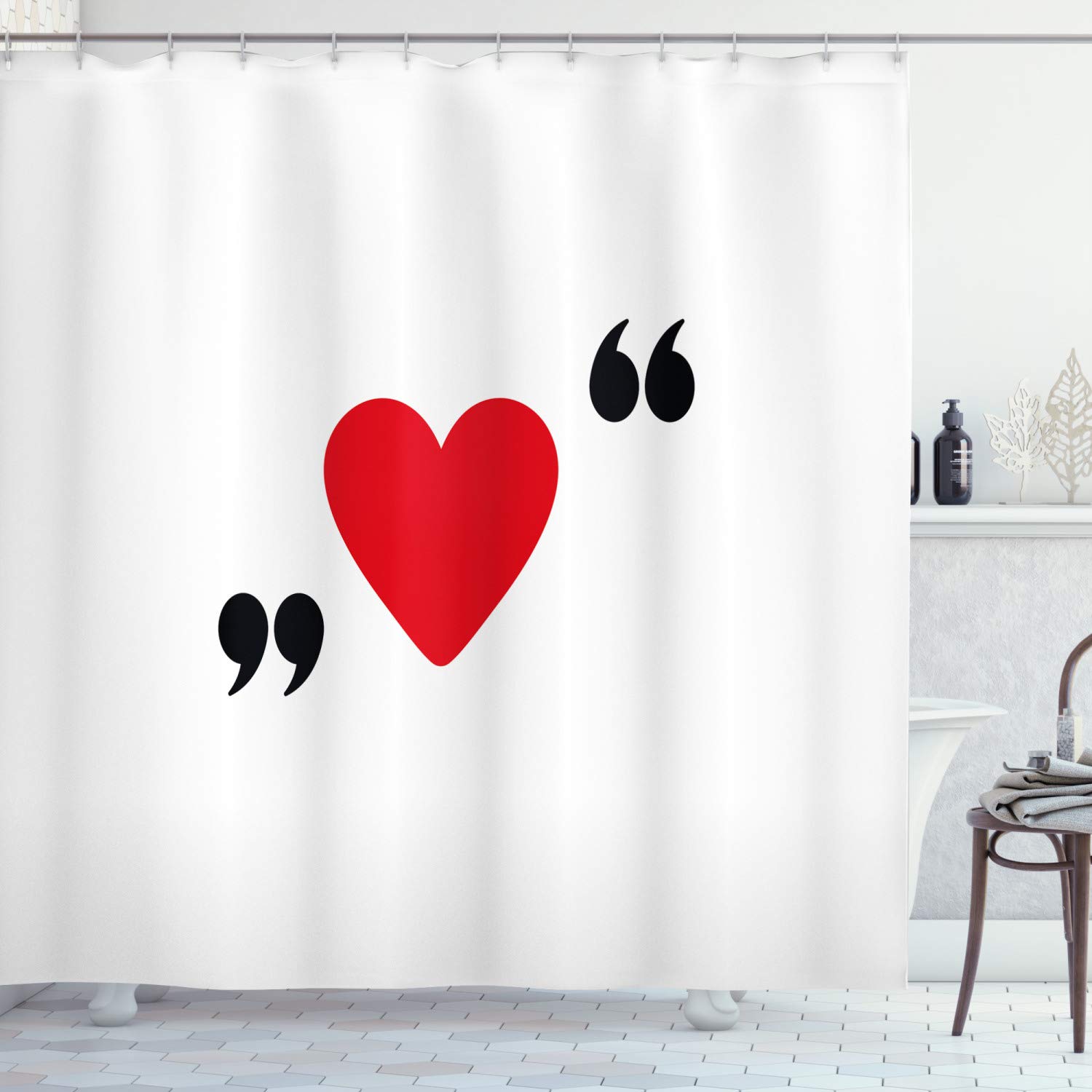 ABAKUHAUS Love Shower Curtain, Red Heart in Writing Marks Romantic Love Simple Classic Valentines, Cloth Fabric Bathroom Decor Set with Hooks, 86 Inches Extra Long, Red Black White — image 1