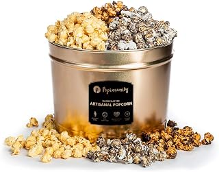 Popinsanity Gourmet Popcorn 2 Gallon Tin Overflowing w/3 Most Popular Popped Popcorn Flavors: Sweet n' Salty, Cookies n' Cream, Candy Caramel Chocolate Drizzle, Prime Bucket Gift Box Set. 25 People