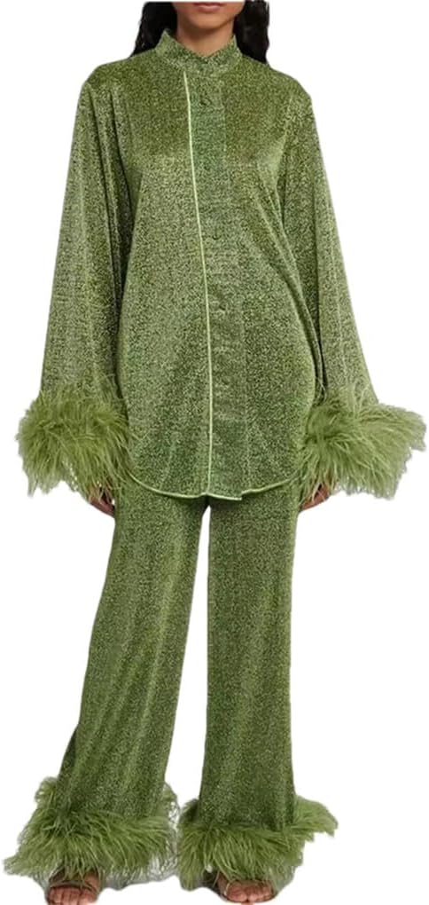 Women's Sequin Feather Patchwork Loose Suit Stand Collar Long Sleeved Temperament Button Solid Color Long Sleeved Set