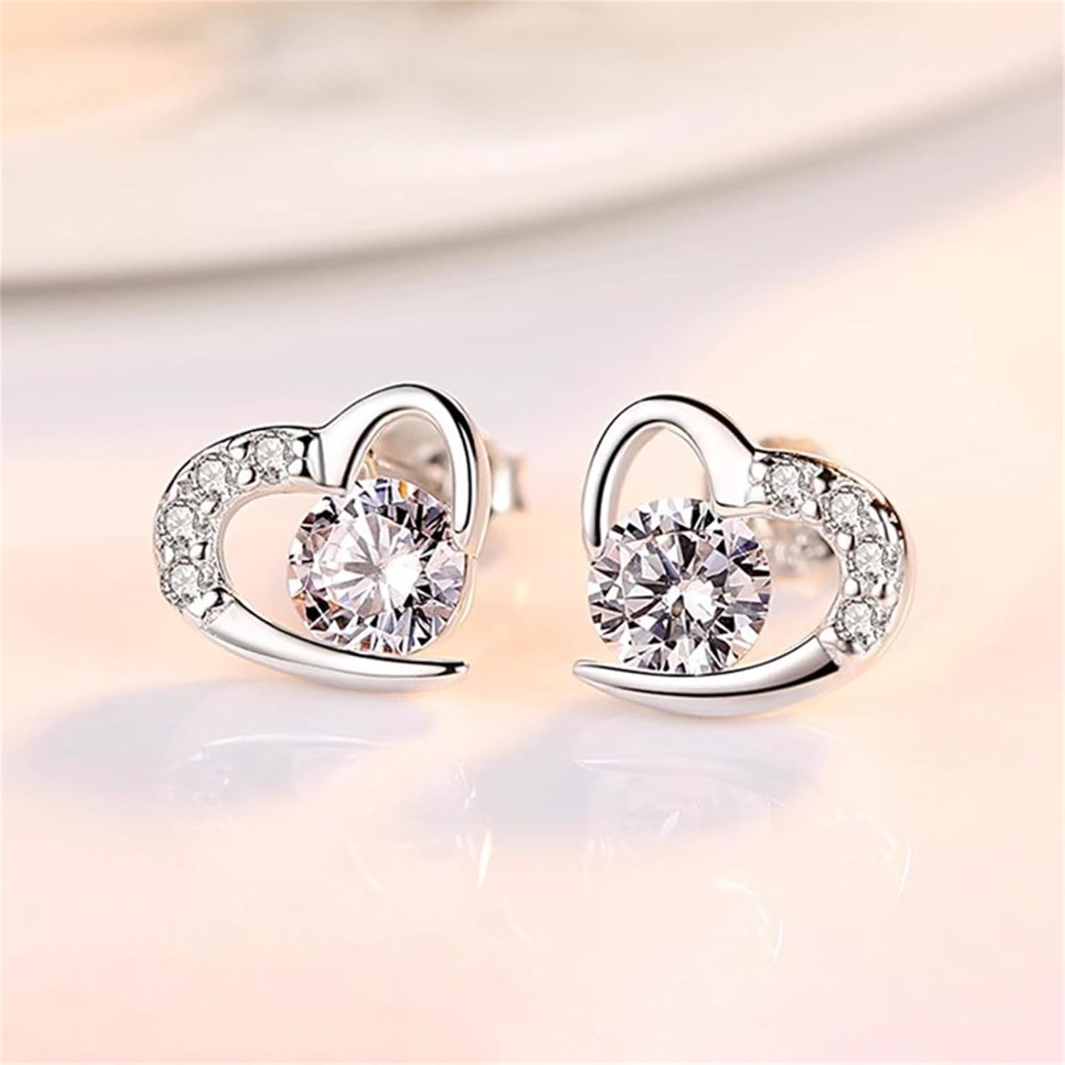 MALOYANVE Cubic Zirconia Heart Stud Earrings Elegant 14K Gold over Sterling Silver Round Cut Simulated Vintage Crystal Stud Earrings Wedding Jewelry Gifts for Women - Image 4