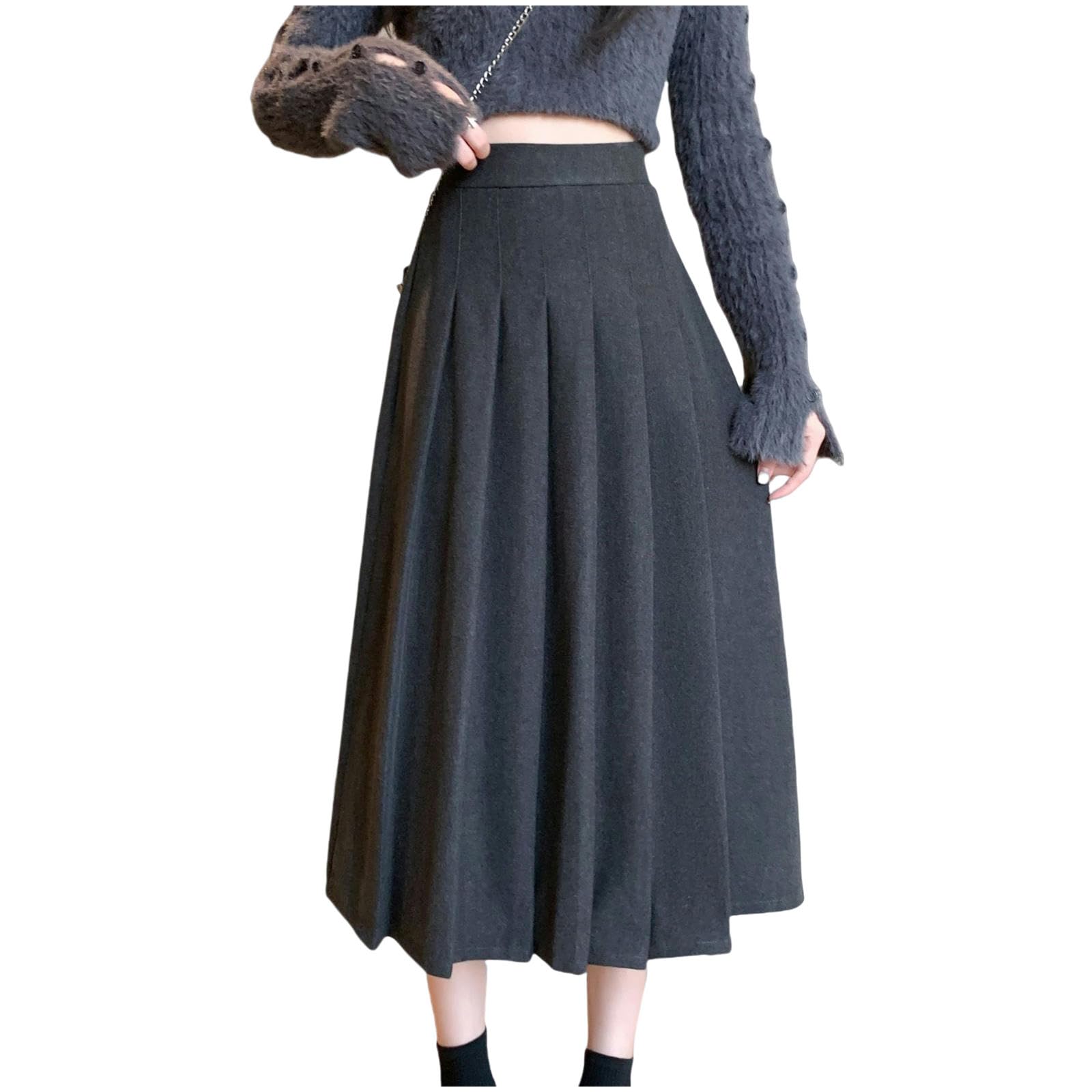 Gonna Lunga Donna Gonna Plissettata di Lana Spessa Donna Autunno E Inverno A Vita Alta Slim Loose di Grandi Dimensioni Elastica di Media Lunghezza-Grigio Scuro (esteso)-s