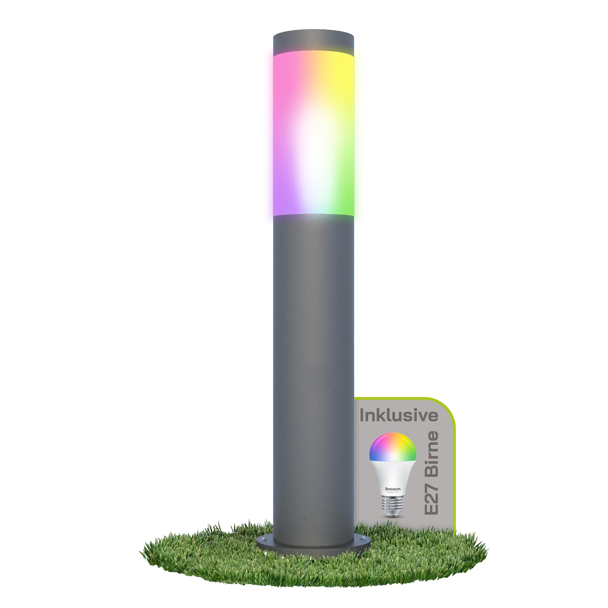 linovum BOSEA-A Pollerleuchte anthrazit 50cm Smart E27 WLAN RGBW IP44 | Standleuchte 50cm mit Smart-Licht - per App steuerbar, RGB-Farblicht, anthrazit für Garten & Wege, IP44, inkl. E27 LED