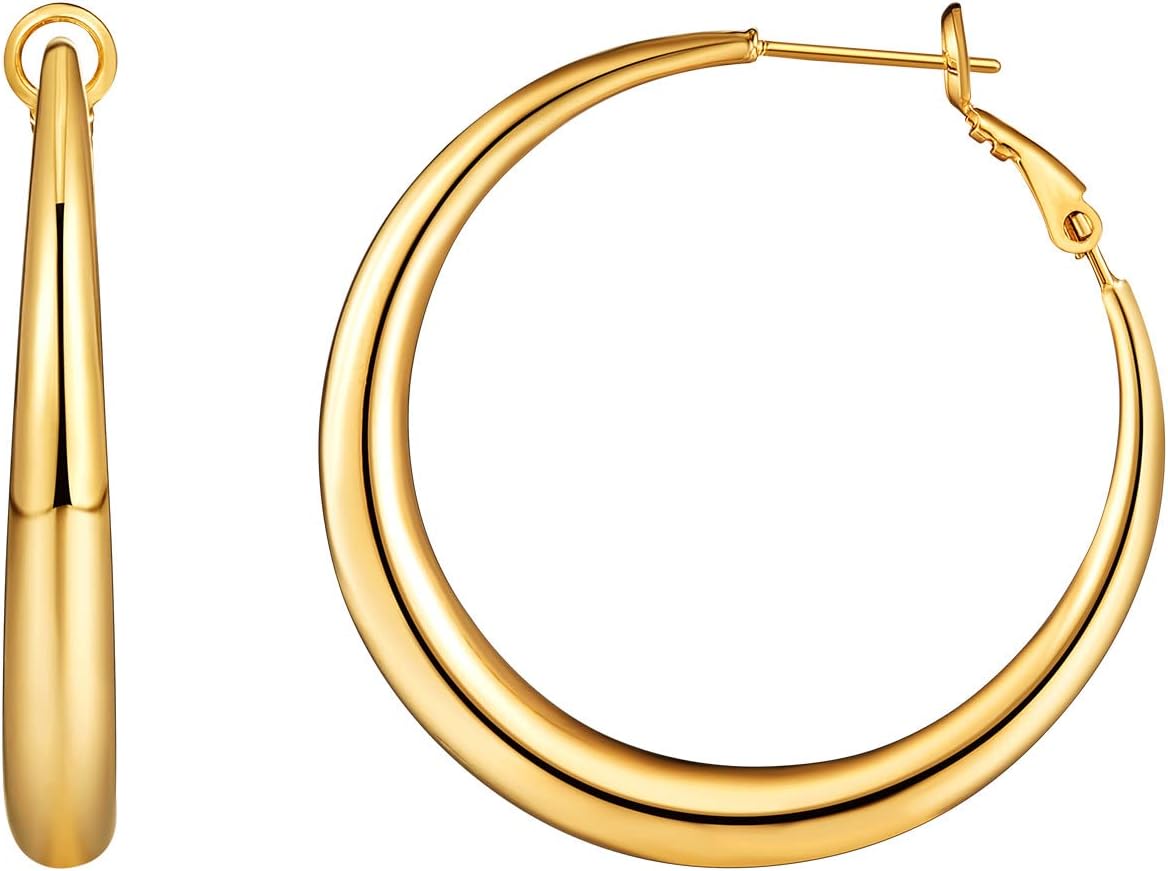 T400 Gold Silver Plated Hoop Earrings for Women Medium Tapered Tube Chunky Round Hoops Gold Plated
