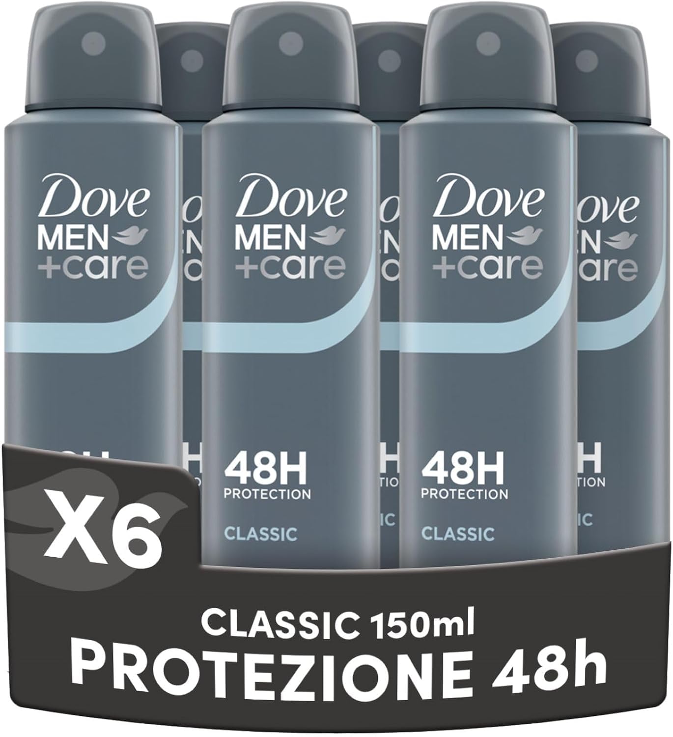 Dove Men Care, Deodorante Uomo Spray, Profumazione Classica, Antitraspirante, Protezione Fino a 48 Ore, Profumazione Agrumata, Formula Delicata sul Microbioma della Pelle, 6 Pezzi da 150 ml