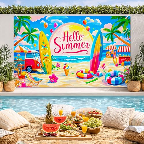 Image of BlissYard Hello Summer Banner 71 x 43 Inch Summer Party Decorations Backdrop Beach Car Surfboard Ice Cream Luau Party Decorations Pool Party Photo Backdrop Indoor Outdoor Wall Decor