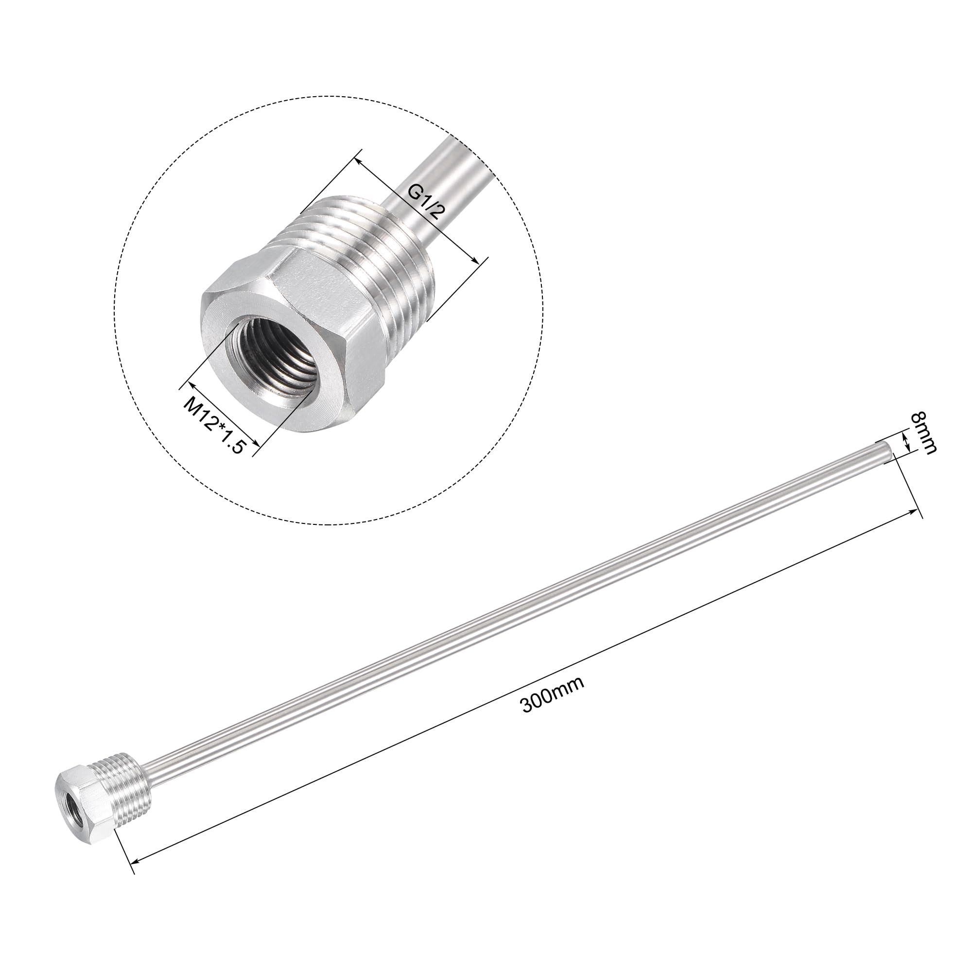 sourcing map 8mm Diamètre G1/2 Puits Thermométrique Sans Soudure Acier Inoxydable 304 300mm Longueur pour Bière Fermenteur