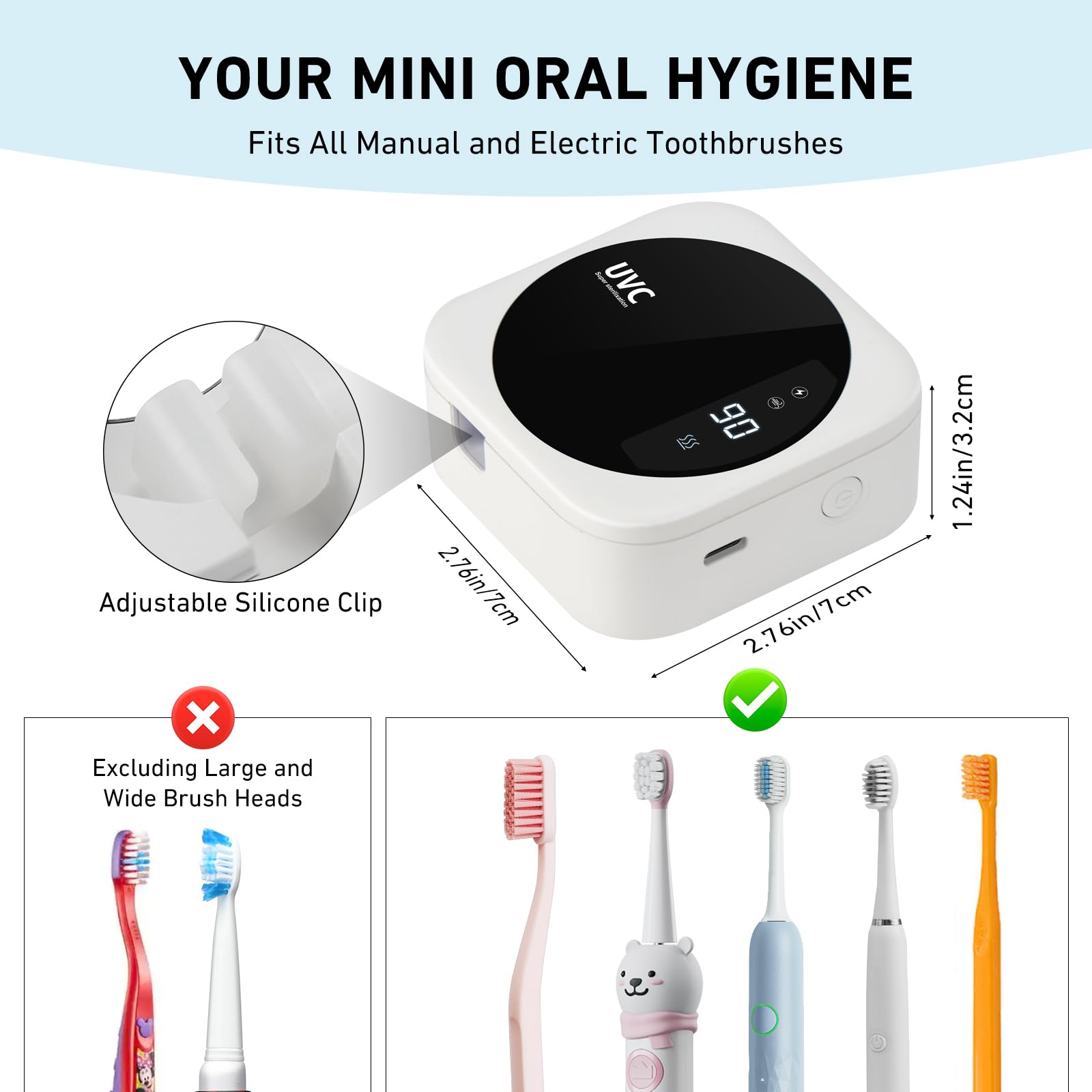 Limpiador de cepillos de dientes UV, estuche de limpieza portátil con pantalla LED, soporte inteligente para cepillos de dientes con calefacción, secado con ventilador y espejo para el hogar, viajes o