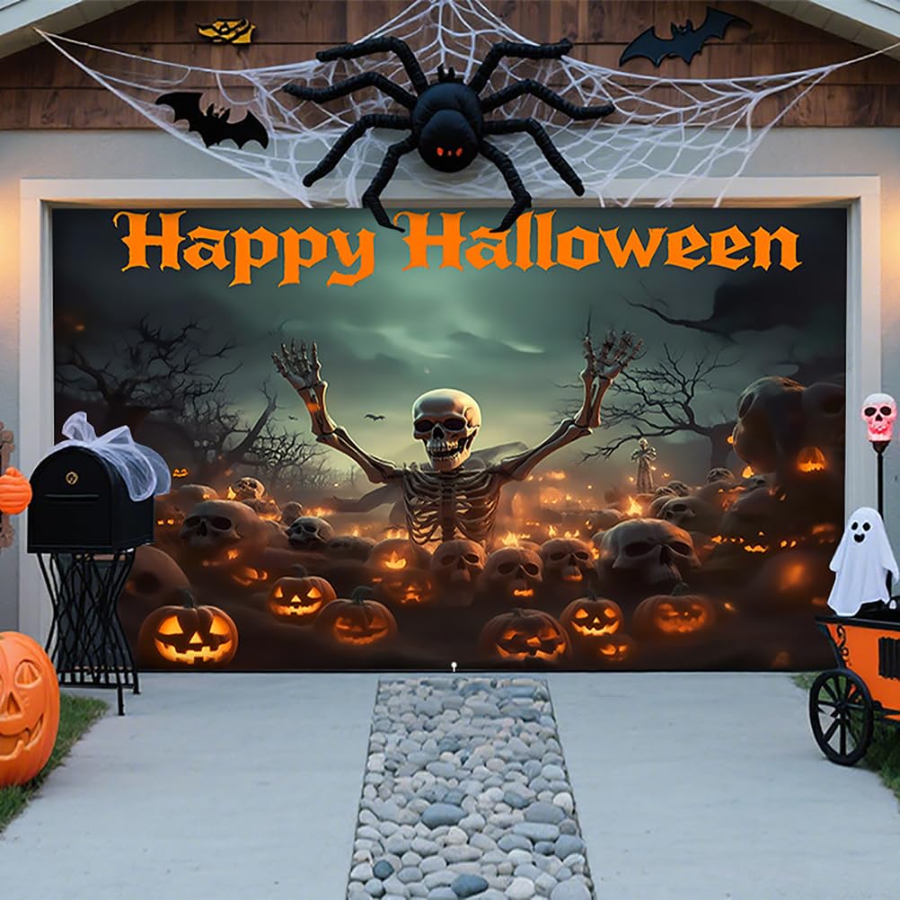 ZFFLYH Halloween Garage Door Cover Banner Decorations, Large Hanging Banner Backdrop Mural for For Outdoor Home Yard Halloween Decor Party Photo Backgrounds,Skull A,8 * 7FT