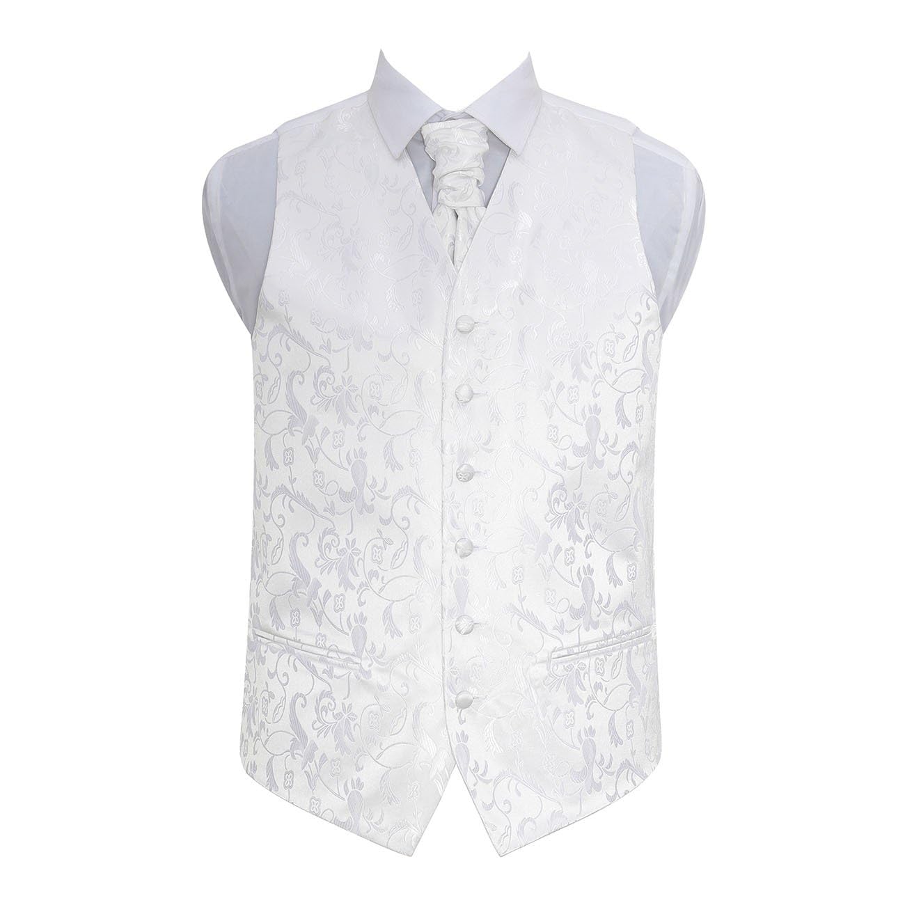 Dqt Men's White Passion Floral Waistcoat Cravat Pocket Square & Cufflinks Set (4Pc) - Wedding, Business & Formal - 42" (Xl)