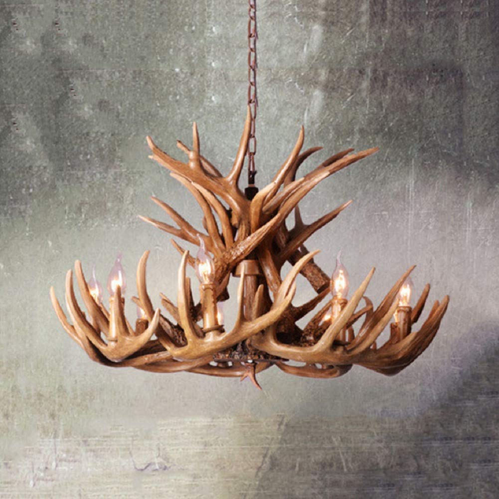 Żyrandol, lampa wisząca z poroża jelenia, rustykalny żyrandol, lampa sufitowa w stylu rustykalnym, 9 świateł, 6 głowic