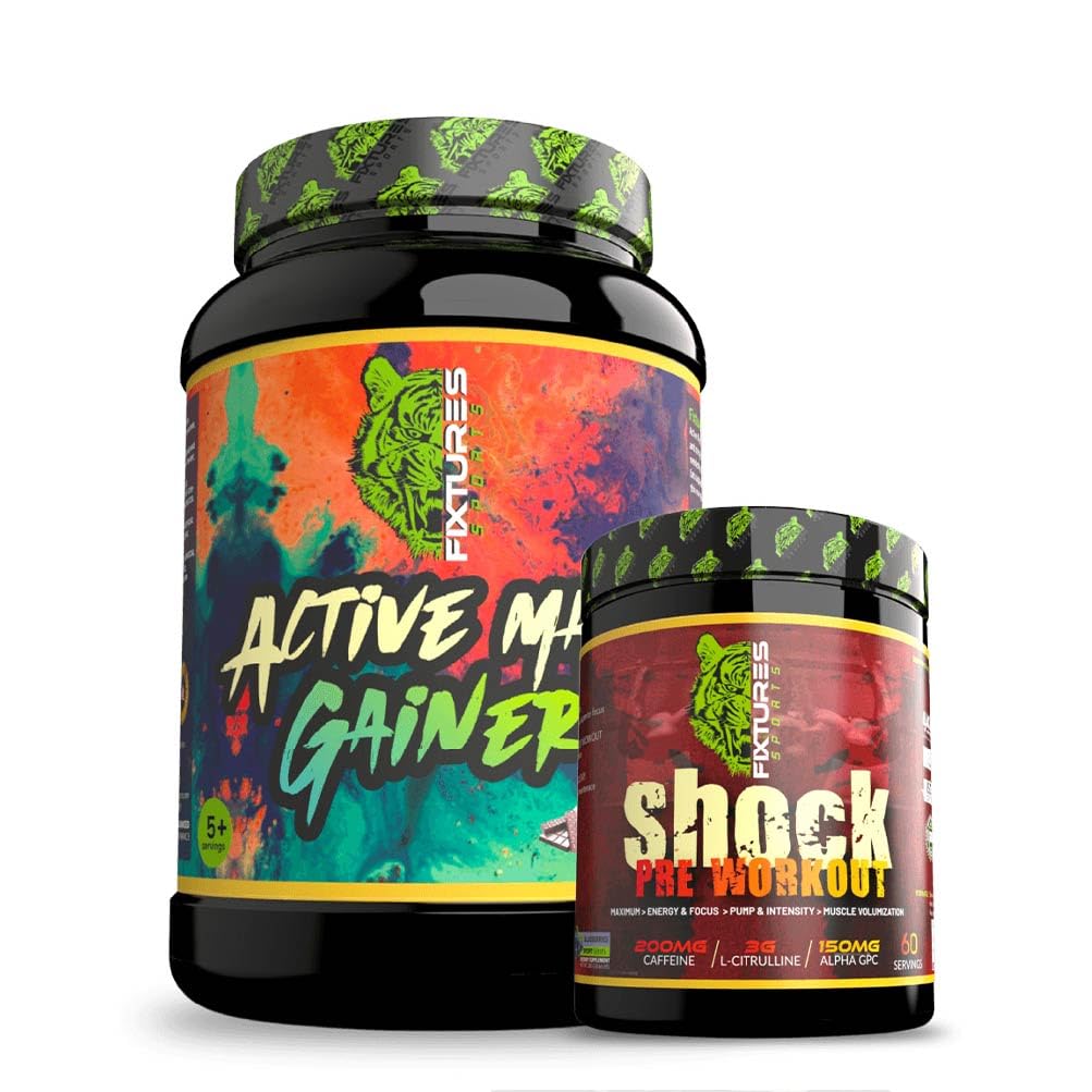 Fixture Sports Active Mass Gainer Powder (1 Kg) with Shock Pre Workout (300 Gm) for Energy, Muscle Growth (Chocolate & Blueberry)