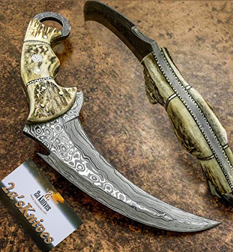 CUSTOM HANDMADE DAMASCUS STEEL KARAMBIT KNIFE.- Damascus Hunting knives with leather sheath, Skinner, Axes/Damascus Billets, Damascus Folding Knife, Kukri knives.