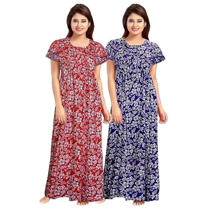 Image of NILOUFO Women's Cotton Printed Maxi Nighty - Pack of 2 | Soft Ankle-Length Sleepwear Gowns for Women | Free Size Night Dresses (Blue,Red, Free Size)