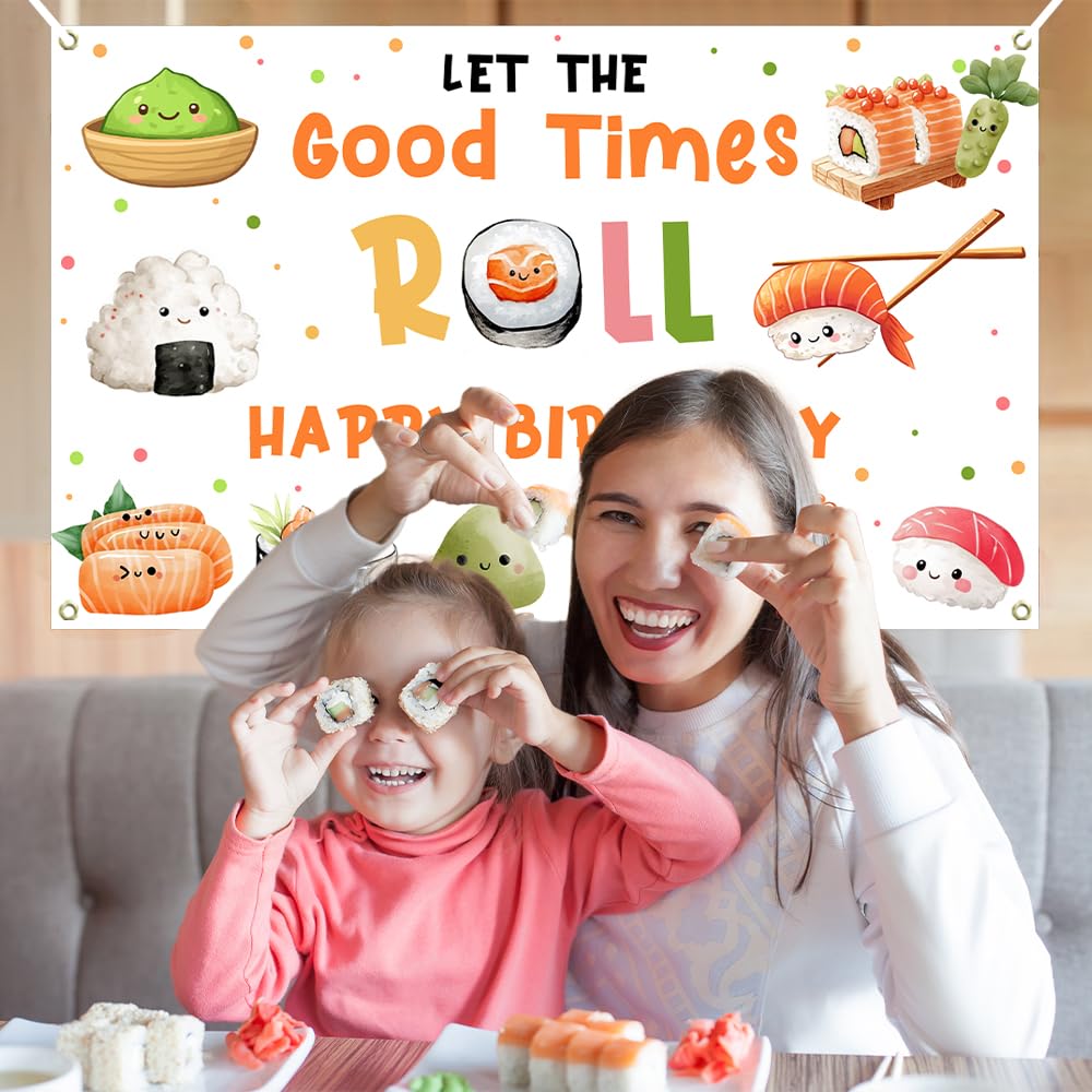 Cartel de feliz cumpleaños de sushi para niños – 70.8 x 43.3 pulgadas, suministros de fiesta de sushi kawaii, decoraciones temáticas japonesas para fiesta de cumpleaños de niños, rollo de 6