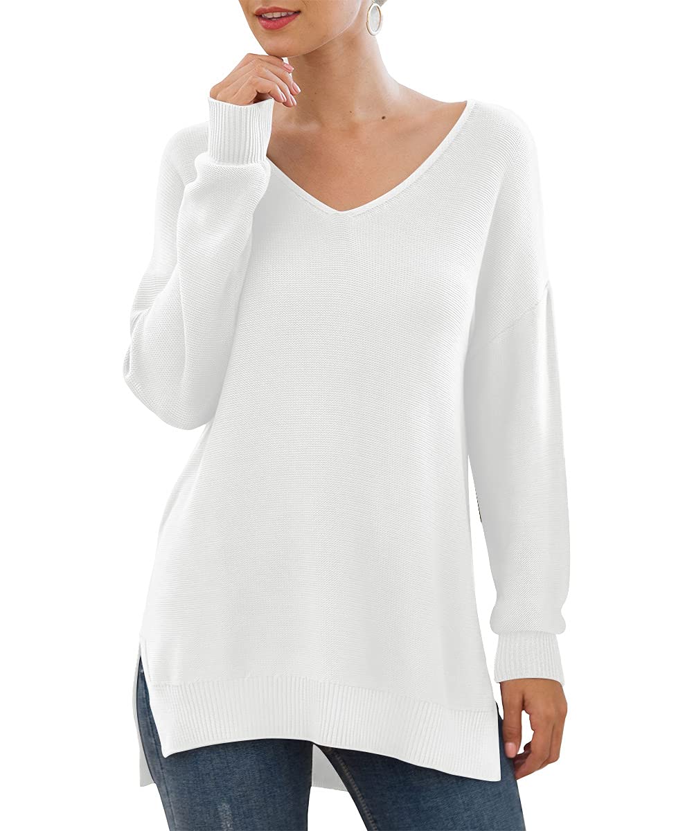 GRECERELLEWomen's V-Neck Long Sleeve Side Split Loose Casual Knit Pullover Sweater Blouse