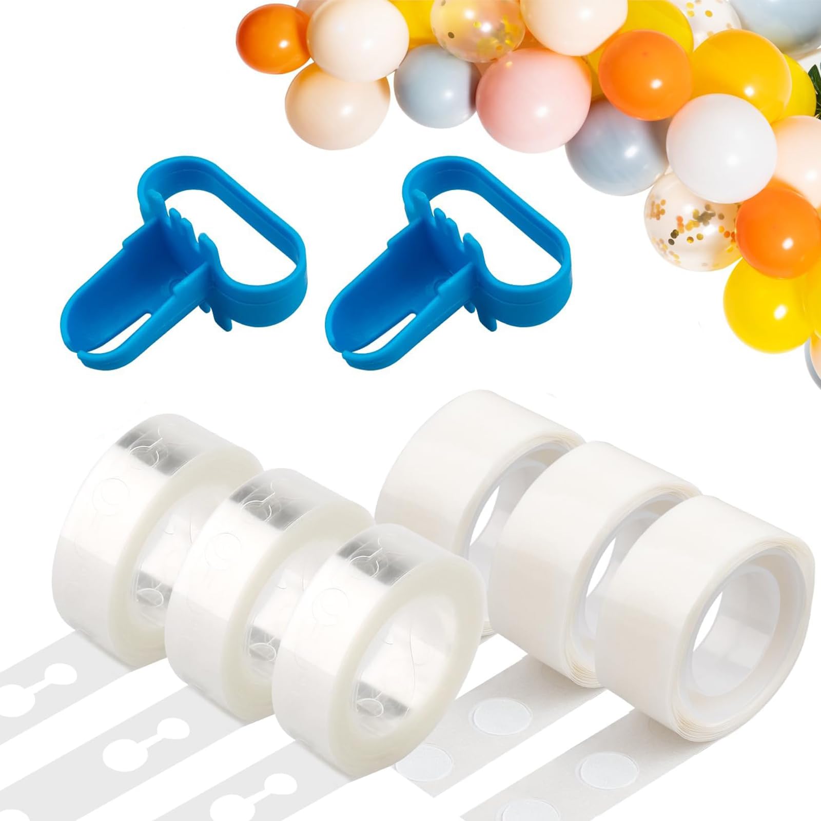 Balloon Arch Kit Balloon Garland Decorating Strip Kit, 3 x 5m Balloon Tape Strips Double Hole with 3 x 100pcs Dot Glue Point Stickers, 2 x Balloon Tying Tool, Suitable for Party Birthday Wedding