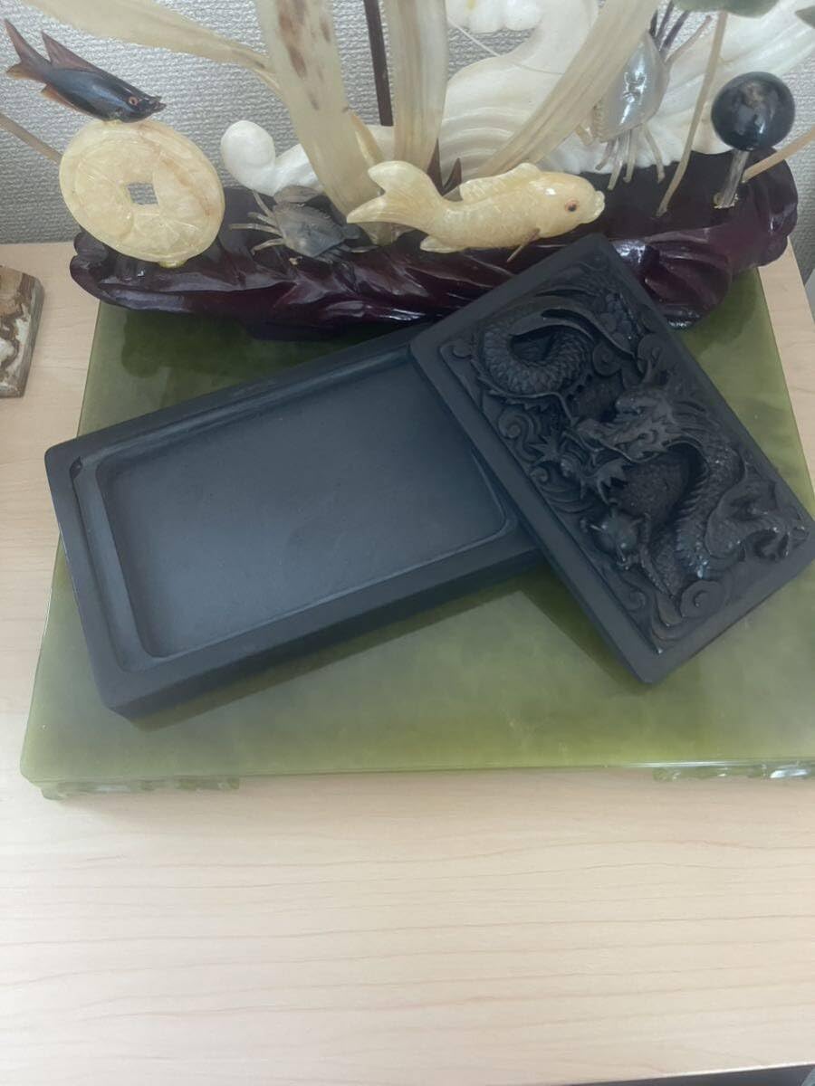 双竜硯 書道具 文房具 現代工芸品 美術品 置物 銅製 瑞獣双竜鎮