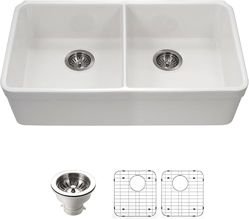 Miniatura 1 de Houzer Platus Fireclay Series 32-316 pulgadas, delantal delantal delantalinferior de doble cuenco 5050 con cesta de fregadero y rejilla inferior de