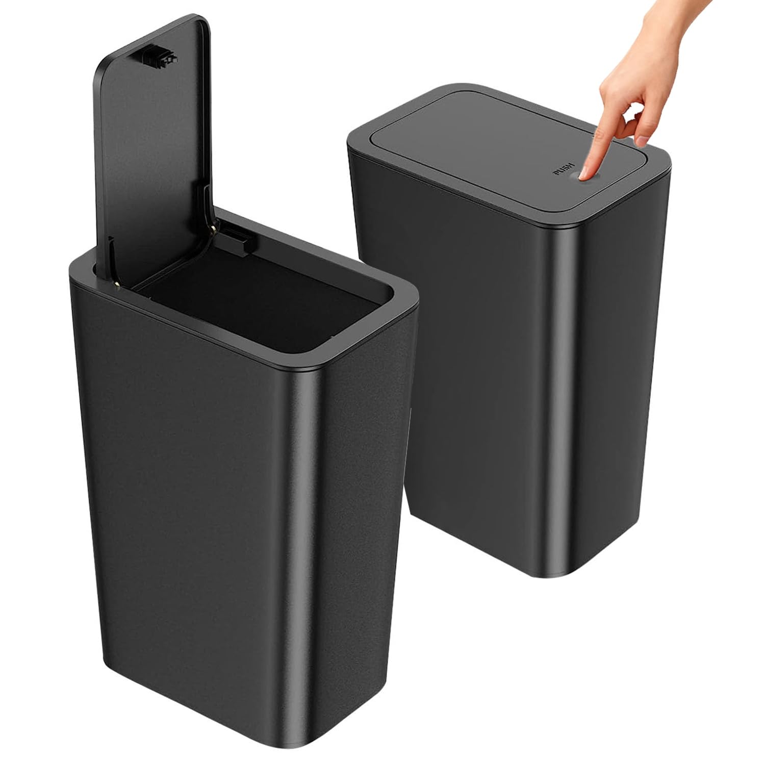 Stowetry 2 Pack Bedroom Bin,10L Plastic Bathroom Bin with Lid,Slim Push Button Thin Trash Can,Dog Proof Narrow Garbage Can for Bathroom,Bedroom,Kitchen,Office,Living Room,Toilet(Black)