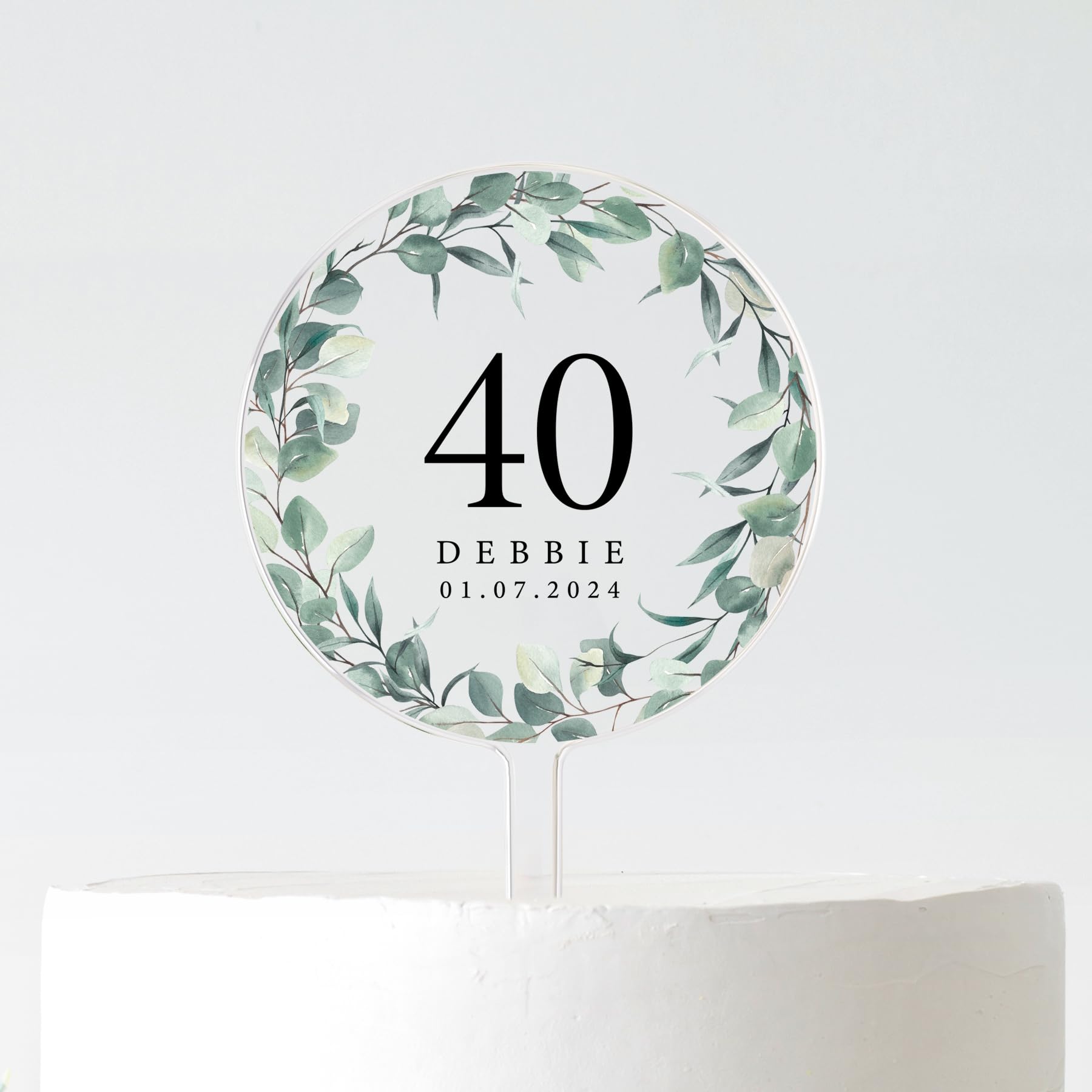 Personalised Birthday Cake Topper | Custom Age & Name Cake Decoration | Acrylic Round Cake Topper | 10cm or 12cm | Black or White Tex (Eucalyptus Wreath 40, 12CM)