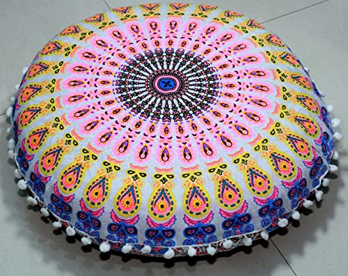 Craft Kala 22" Round Mandala Boho Pillow Meditation India Room Seating Poufs For Living Room Yoga Room Home Décor Bedroom Balcony Garden Party Decoration Cotton Floor Cushion Cover, Pink Yellow Floral #TOP5