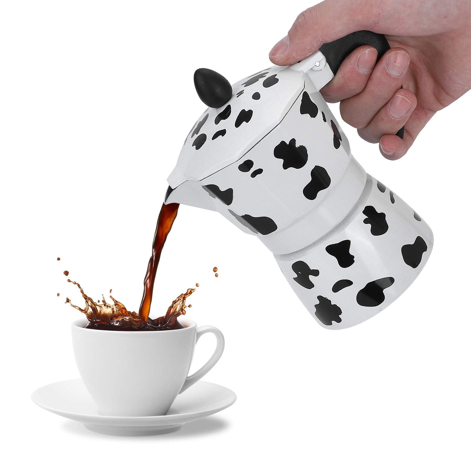 Cafetera Moka para el hogar, hervidor de mano concentrado, color vaca leche con aluminio italiano, para hervir hervidos, estufas italianas, expreso y ollas moka (3 tazas color vaca 150 ml)