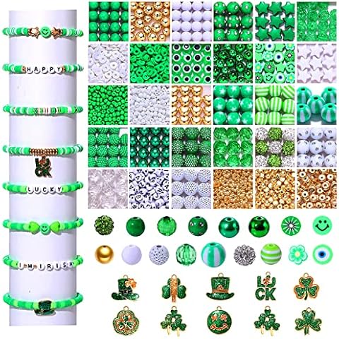 1600PCS+ St.Patrick’s Day Beads for Jewelry Making, Green Polymer Clay Beads Assorted Rhinestone Crystal Acrylic Beads Spacer Beads Shamrock Charms for Bracelet Necklace Making DIY Crafts Gifts Cover