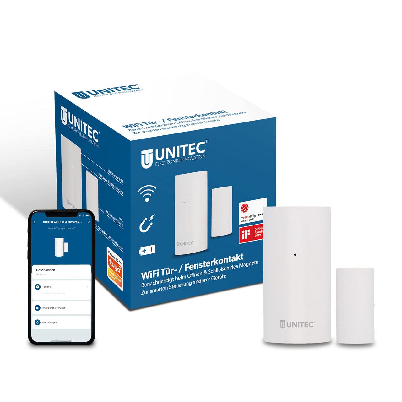 Unitec Czujnik magnetyczny do drzwi/okien z Wi-Fi, powiadomienia na smartfonie, czujnik ostrzegawczy WLAN, nie wymaga bramki, zasilanie bateryjne
