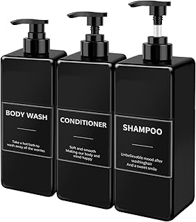 Shampoo and Conditioner Dispenser(Clear, Set of 3, 27oz)- Refillable Shampoo and Conditioner Bottles-Empty Shampoo Conditioner Body Wash Dispenser Set-Modern Shampoo Bottles for Shower Soap (Black)