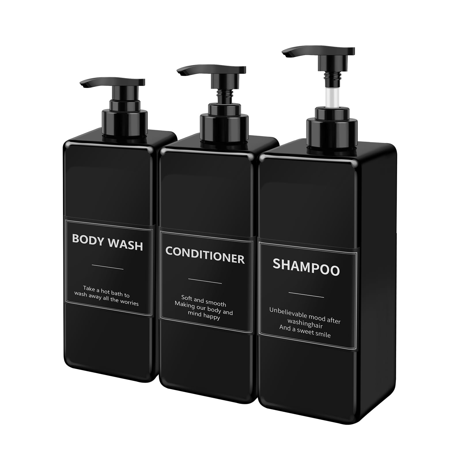 Shampoo and Conditioner Dispenser(Clear, Set of 3, 27oz)- Refillable Shampoo and Conditioner Bottles-Empty Shampoo Conditioner Body Wash Dispenser Set-Modern Shampoo Bottles for Shower Soap (Black)