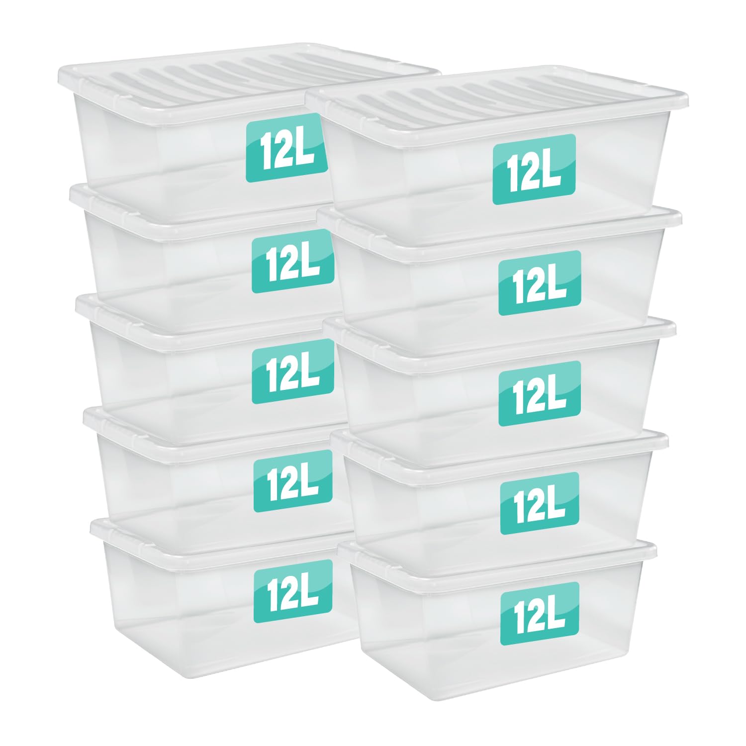 Optimal Products 10 Boxes 10 X 12 Litre Clear Plastic Storage Box With Lids Uk British Made Home Office Stackable Nestable Transparent Plastic Boxes, Size 5,11,24,28,35,45,62 Litre (, 12 Litre)