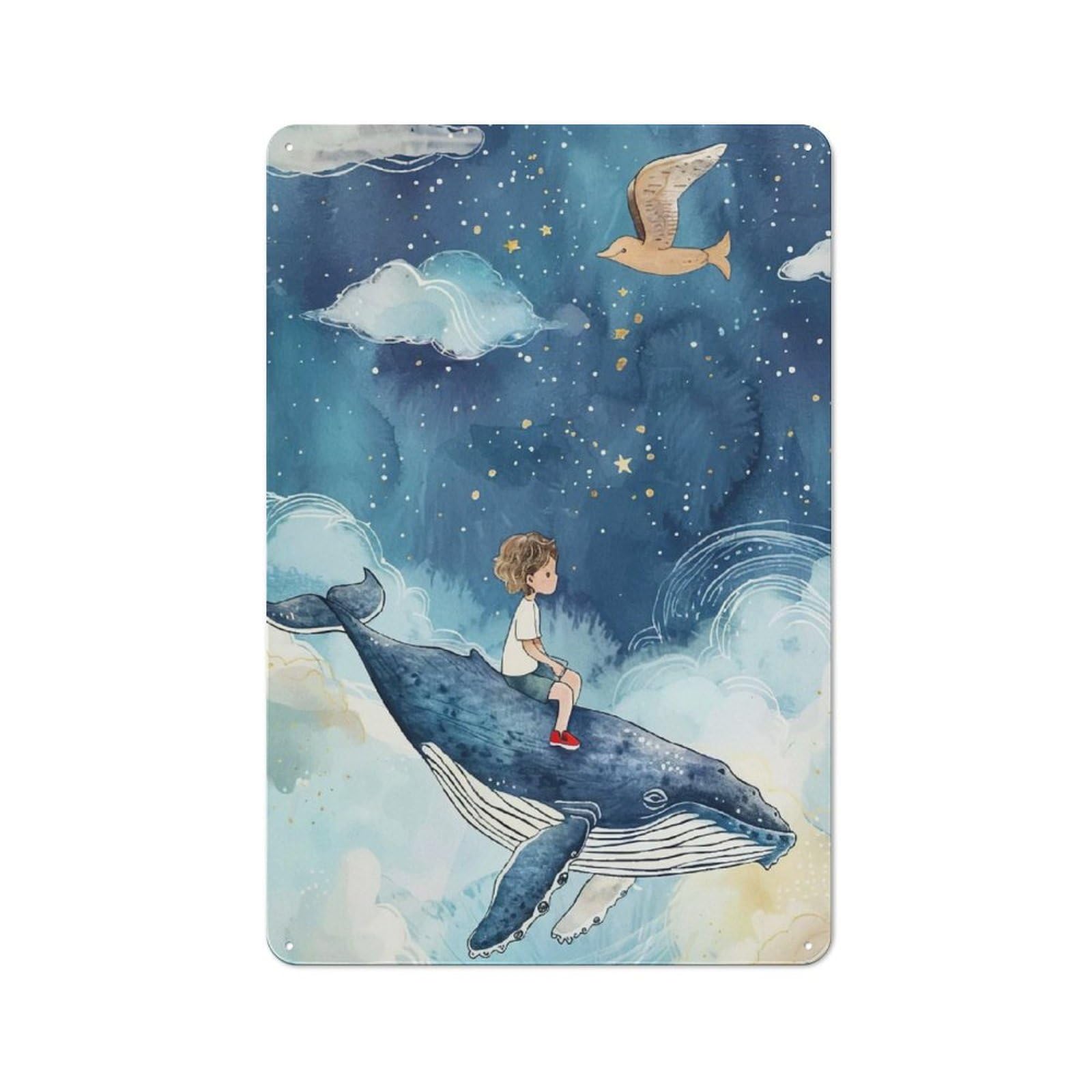 Junmoney Boys Riding Whale Starry Sky Kitchen Metal Sign With Design 30X20cm, Vintage Cafe Wall Decor For Restaurant, Kitchen, Counter Or Breakfast Nook