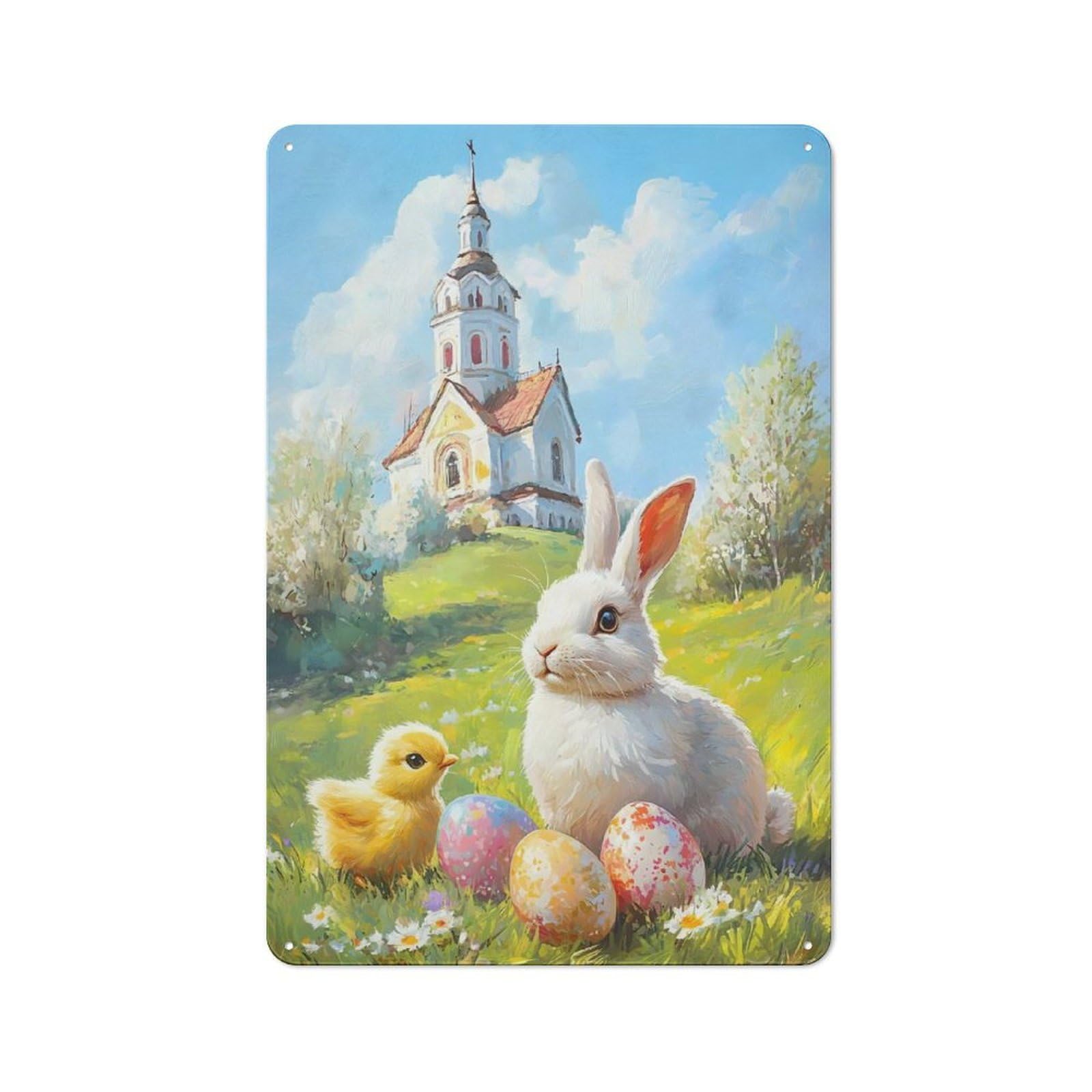 Junmoney Easter Bunny And Chick Painting Metal Plaque 30X20cm With For Home Bar Wall, Retro Decor, For Garage, Workshop And Man Cave Decoration