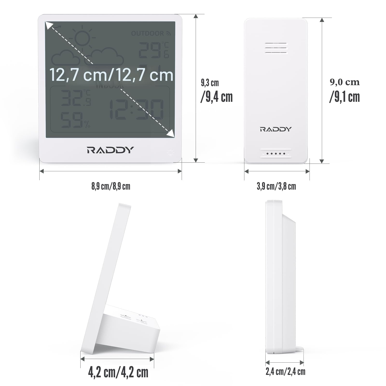 Raddy WF-50T Stazione meteorologica wireless, Termometro Igrometro per interni ed esterni, 5,0'' TN display, alimentazione tramite USB-C, previsioni del tempo, sensore remoto wireless (Bianco)