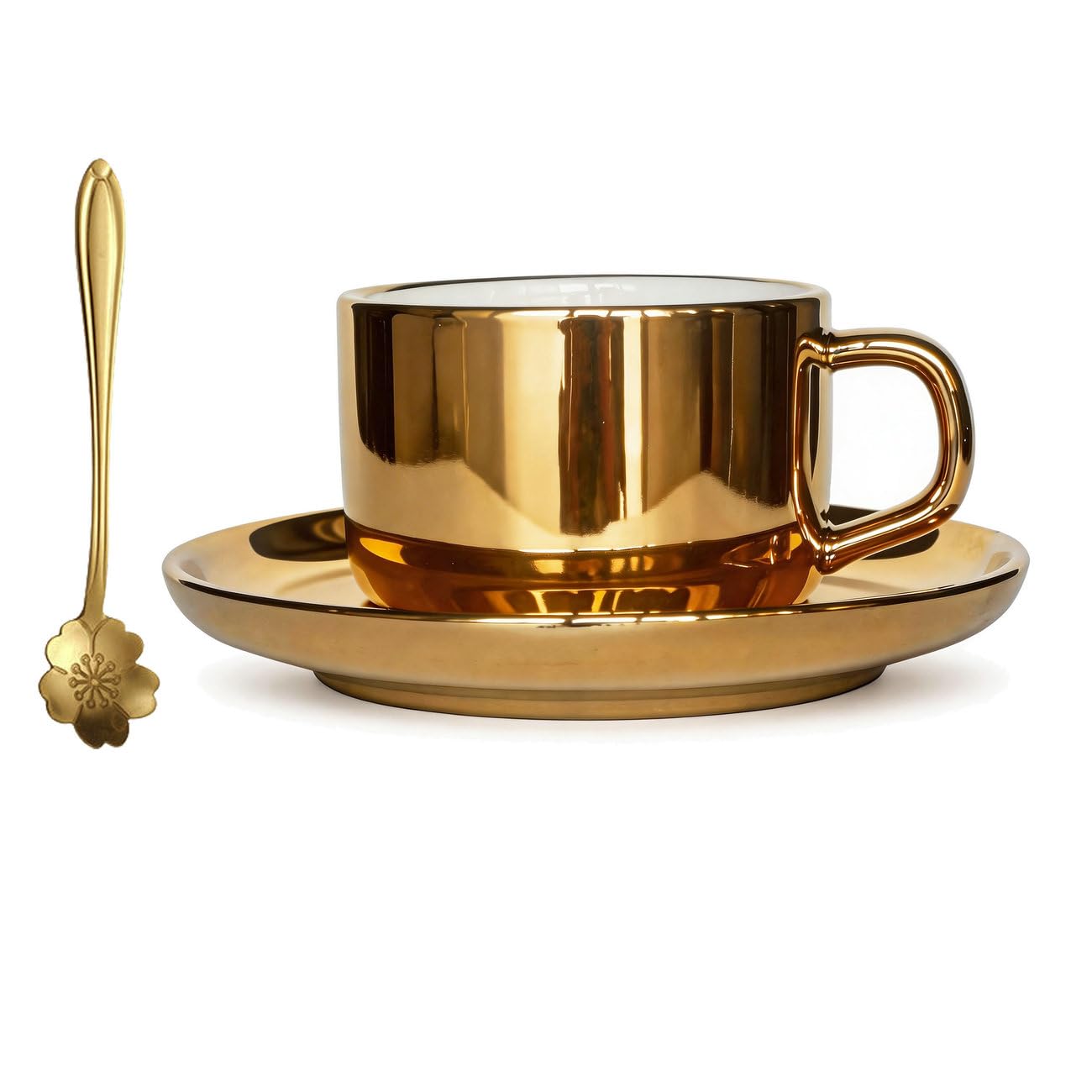 Luxury Gold Coffee Cup Set with Saucer&Spoon,250ml Ceramic Cappuccino Cup,Modern Nordic Tea Mug for Espresso Latte Americano Flat White,Premium Drinkware Barista Accessories for Home Office&Gift