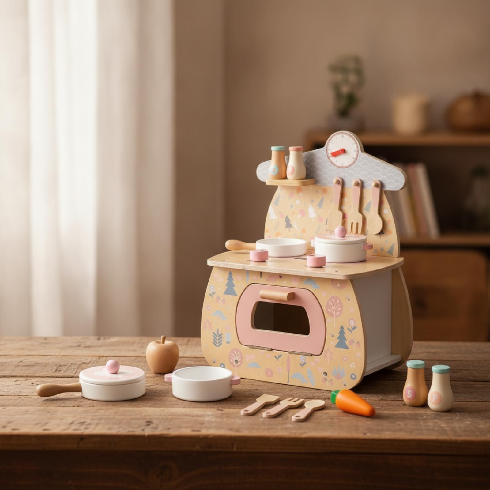 Colcolo Kinderküche Holz Spielküche mit Herd Backofen Kochfeld Pfanne Topf Küchenzubehör mit Knöpfen Und Spritzschutz aus Holz für Kleinkinder Spielzimmer Tagespflege