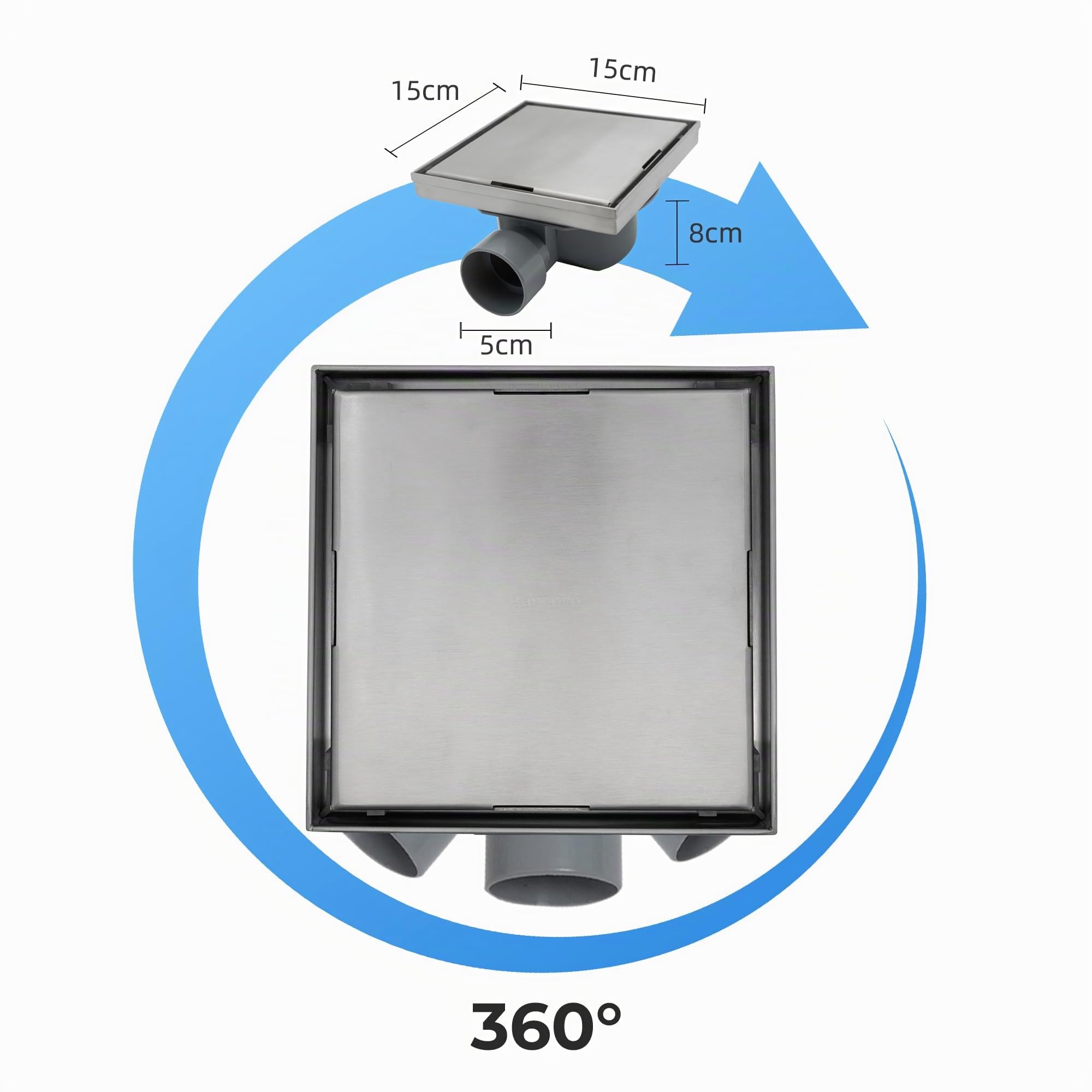 VANCOCO Scarico Doccia a Pavimento Quadrato 15×15 cm 2-in-1 Invisibile in Acciaio Inox, Sifone Orientabile 360°, Valvola Antiodori, Filtro per Capelli