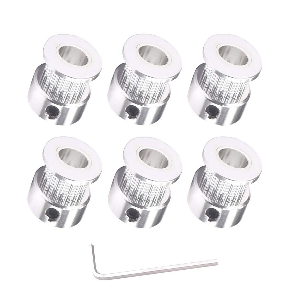 Houkr 6PCS Aluminum 20Teeth GT2 Timing Belt Pulley 8mm Bore 6mm Width, Synchronous Wheel for 3D Printer Width 6mm Timing Belt and M4 Wrench, for RepRap 3D Printer Prusa I3