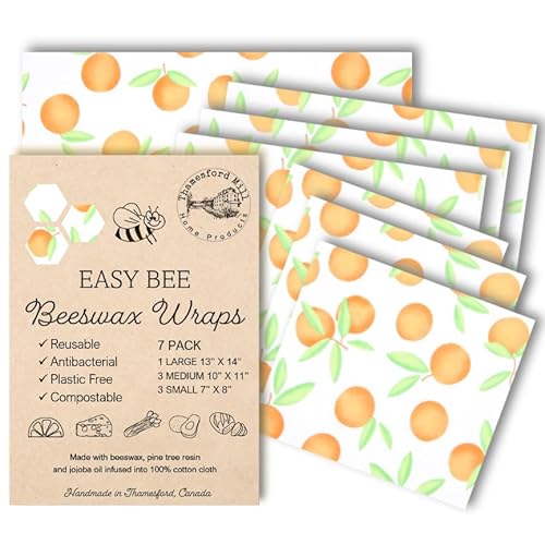 7 Pack Beeswax Food Wraps, Reusable, Washable, Eco Friendly Plastic Free, Compostable, Handmade, Suitable for Leftovers, Veggies, Fruits, Salads, Sandwiches, Lunchbox, Hiking, Camping (Oranges)
