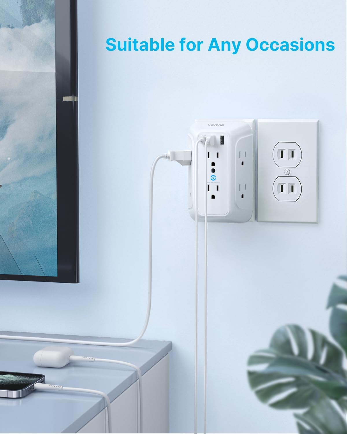 VINTAR 2 to 3 Prong Outlet Adapter, 6 Outlet Extender with 3 USB Ports (1 USB C, 3.4A), 2 Prong Power Strip, Polarized Plug, 3 Sided Wall Charger Surge Protector, Multi Plug for Non Grounded Outlets