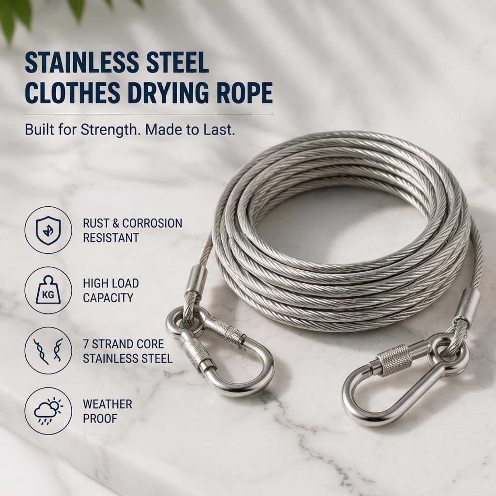 Stainless Steel Clothesline Rope - 5m, Carabiner Hooks -5