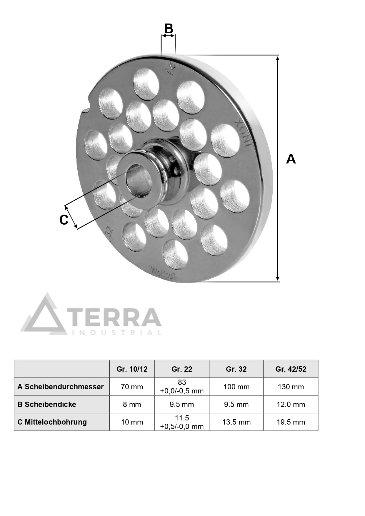 Acero inoxidable perforado disco con centro tamaño calibre 22 – 2 mm – para picadora Jupiter – Bosch – Alexander – Gastroback – Westmark – Prospero – Kenwood