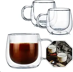 CONJUNTO 2 XÍCARAS DE PAREDE DUPLA EM BOROSSILICATO 80ML, ALTA TRANSPARÊNCIA, SUPERFÍCIE MAIS LISA HIGIÊNICA E NÃO RETEM ODOR, RESISTENTE A ALTAS TEMPERATURAS.