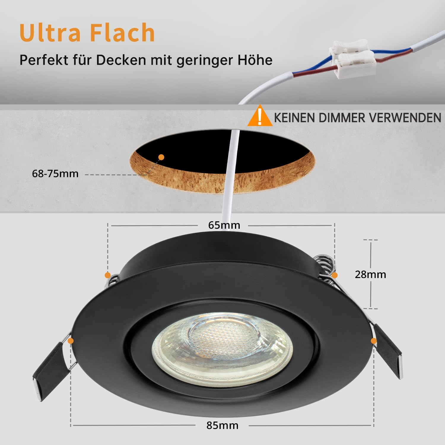 wowatt 10er LED Einbaustrahler 230V 3 Stufe Dimmbar, 7W LED Spots Schwarz Flach IP44 Einbauleuchten 700LM Ersetzt 70W Halogen Einbauspots Warmweiß 2800K Deckenspots Schwenkbar Rund 68mm für Badezimmer