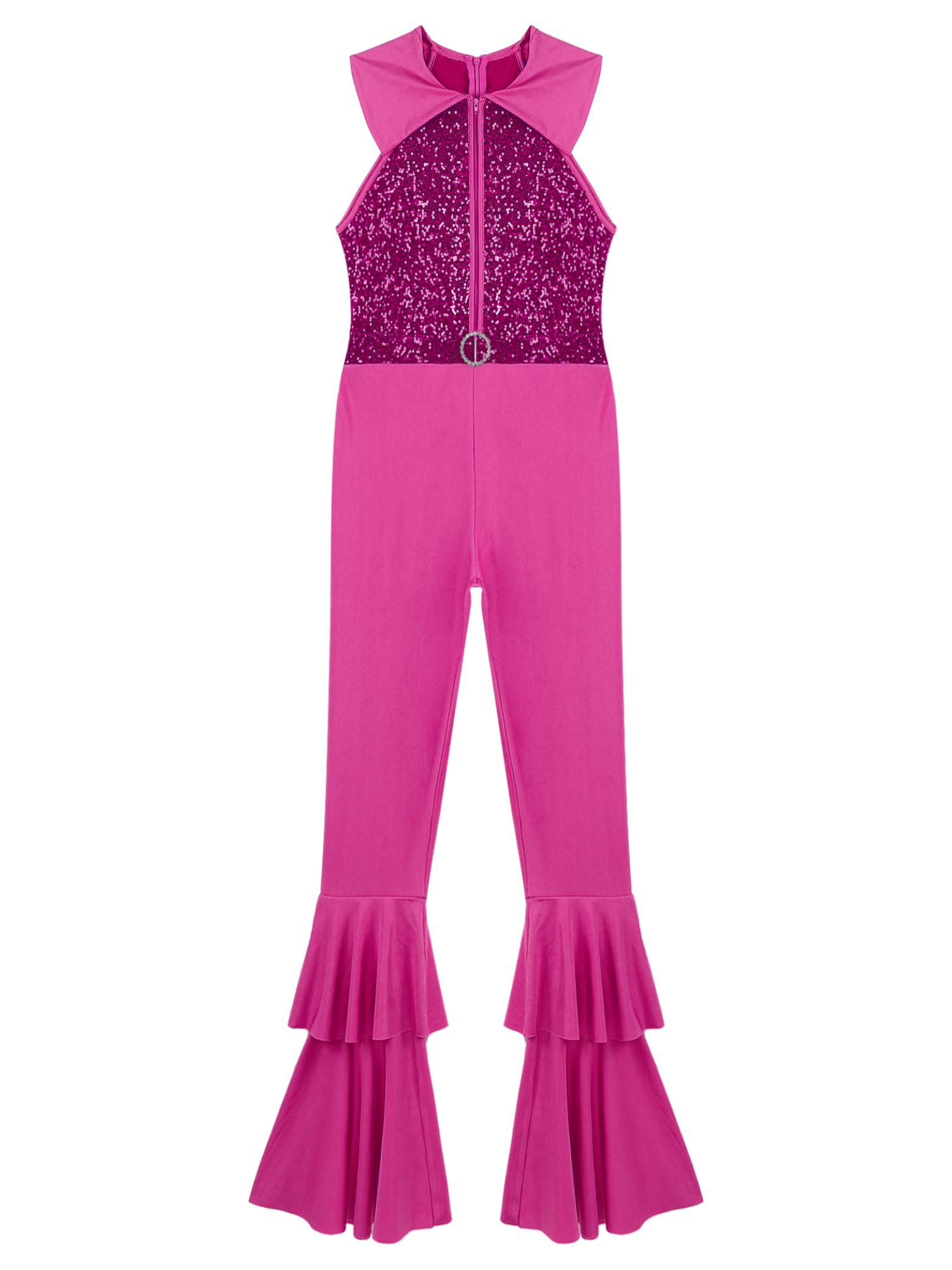 Yhong Justaucorps de Danse Disco pour Femmes, Combinaison sans Manches à Paillettes, Fermeture Éclair, Bas Cloche, Salopette, Ensembles de Pantalons Rose vif S