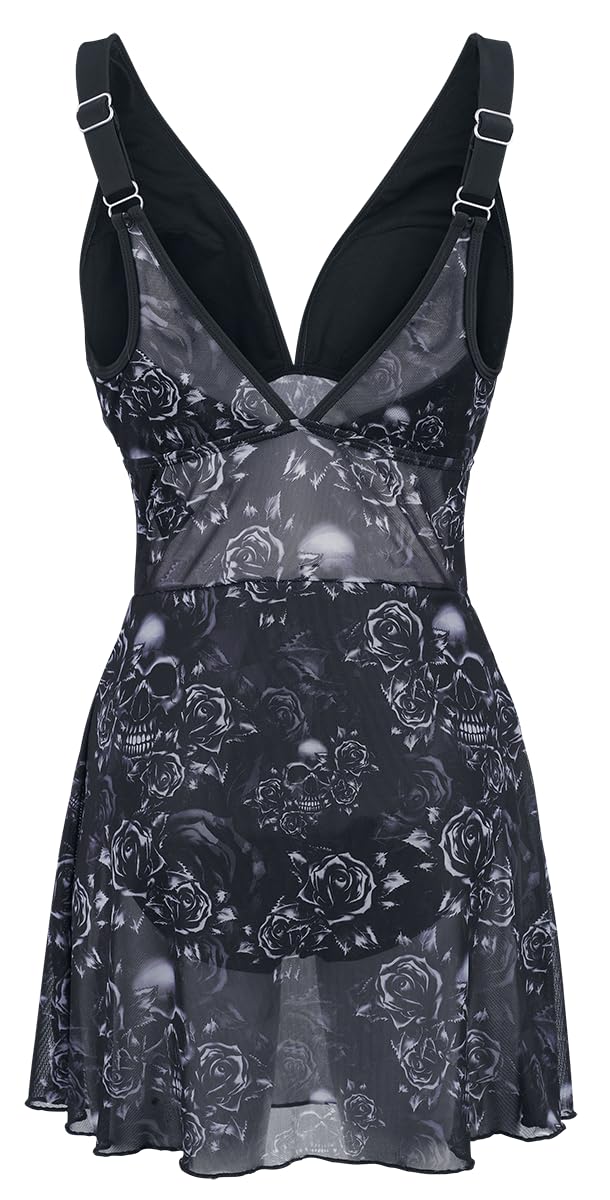 Black Premium by EMP Mujer bañador Negro Estampado Integral Calaveras Rosas