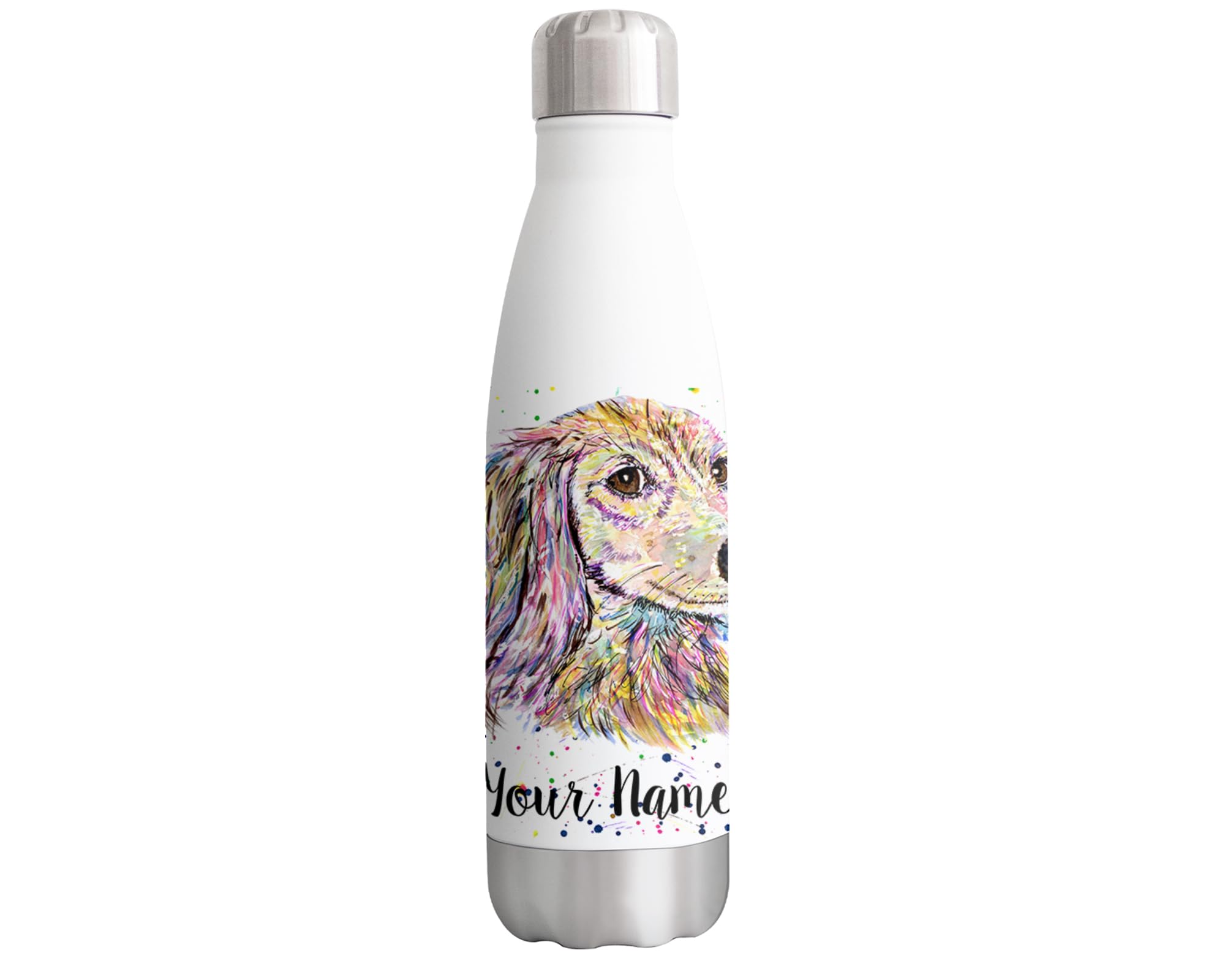 Vixar Dachshund Long Hair Personalised Custom Bottle with your Text/name sausage Dog wiener pet Watercolour Animals Bottle Double Wall Insulated Stainless Steel Sport Drinks 500ml